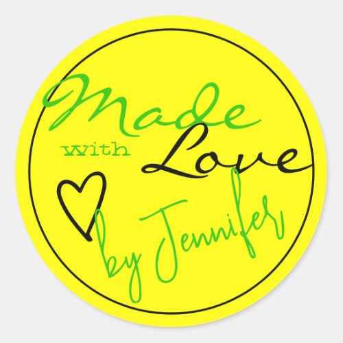 Modern Bright Green Yellow Made with Love Heart Classic Round Sticker