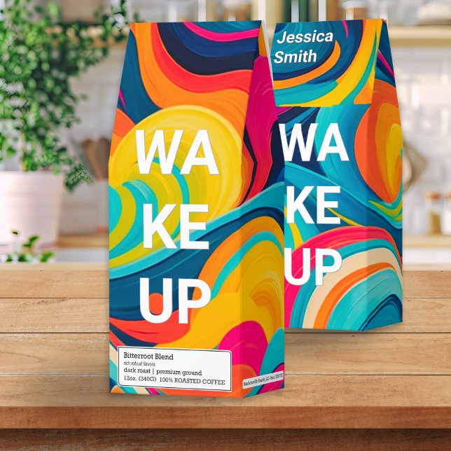 Modern Bright Groovy Funny "Wake Up" Personalized Roasted Coffee (A bright, colorful pack of coffee with swirling modern art 'Wake Up' message and custom name)