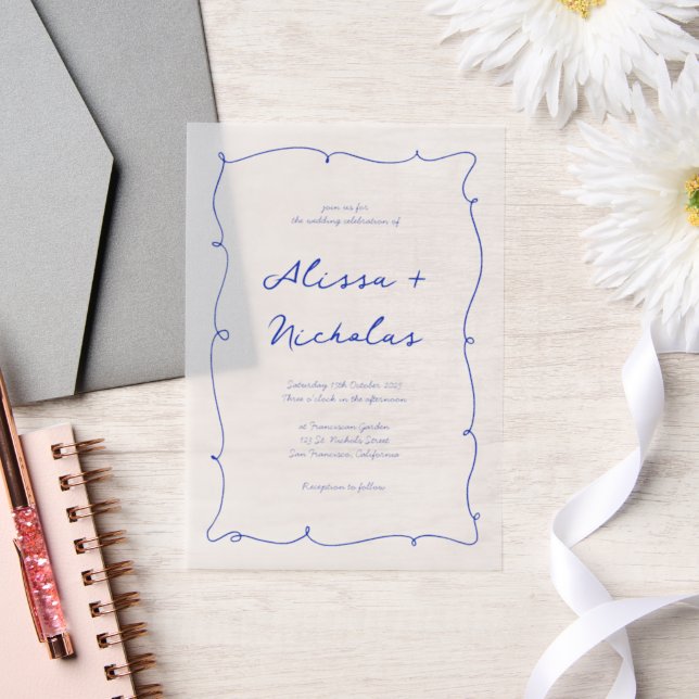 Modern Bright Hand Drawn Blue Border Wedding Vellum Invitations (Wedding)