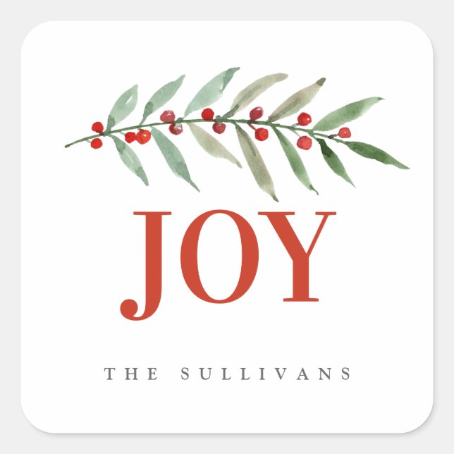 Modern Bright Holiday Christmas JOY Winter Berry Square Sticker (Front)