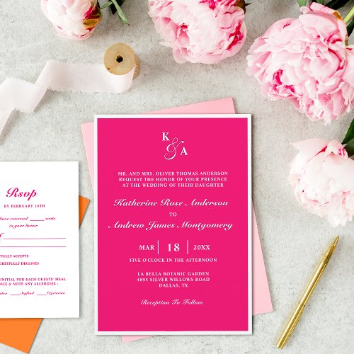 Modern Bright Hot Pink  White Monogram Wedding In Invitation