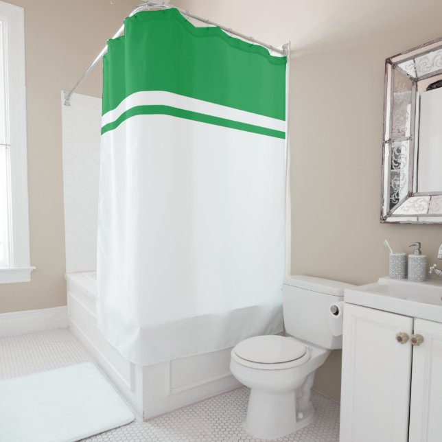 Modern Bright Kelly Green Top Stripes On White Shower Curtain (In Situ)