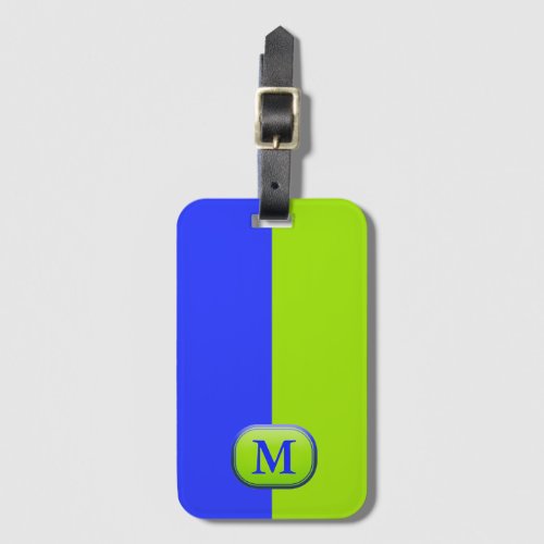 Modern Bright Neon Blue Green Monogram Luggage Tag