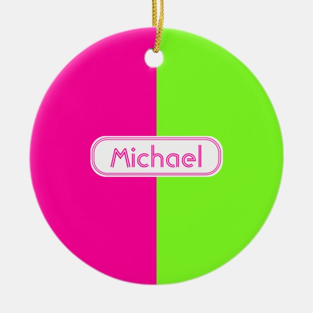 Modern Bright Neon Pink Green Monogram Ceramic Ornament (Front)