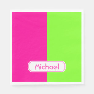 Modern Bright Neon Pink Green Monogram Paper Napkins