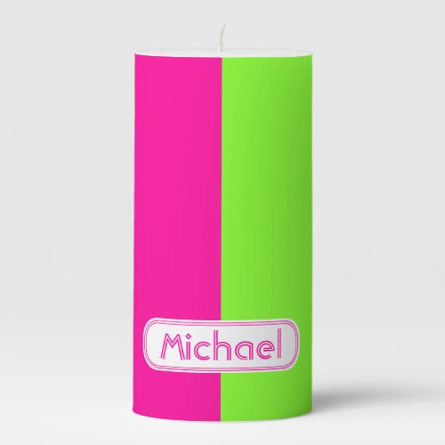 Modern Bright Neon Pink Green Monogram Pillar Candle