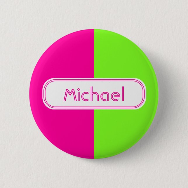 Modern Bright Neon Pink Green Monogram Pinback Button (Front)
