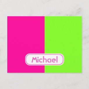 Modern Bright Neon Pink Green Monogram Postcard