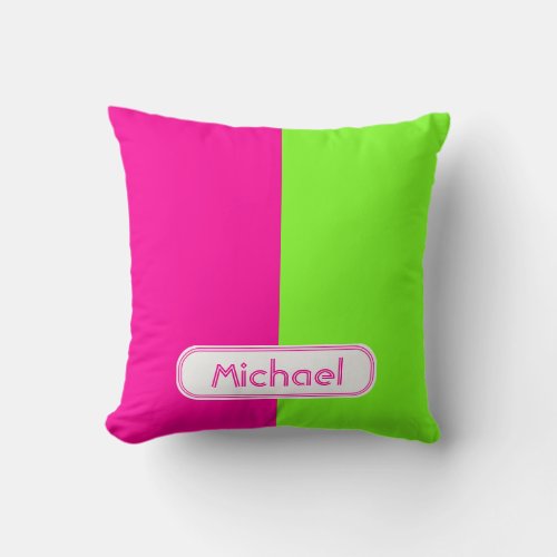 Modern Bright Neon Pink Green Monogram Throw Pillow