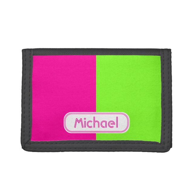 Modern Bright Neon Pink Green Monogram Trifold Wallet (Front)