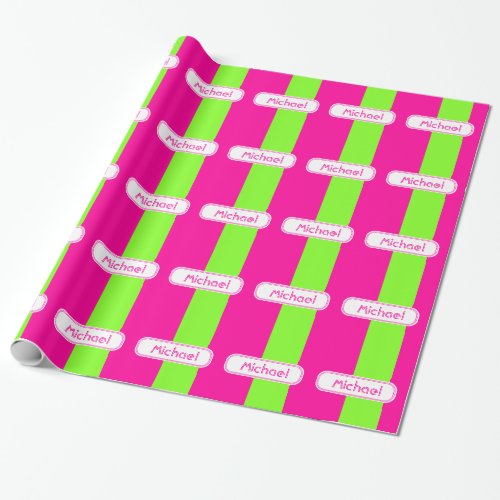 Modern Bright Neon Pink Green Monogram Wrapping Paper