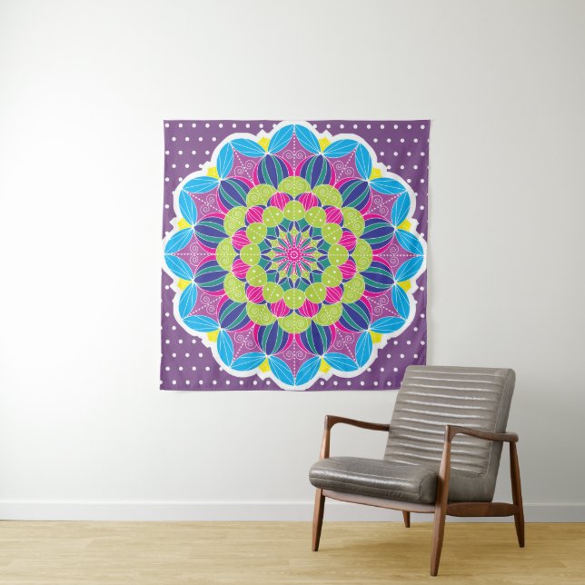 Modern Bright Neons Mandala & Dots Tapestry (In Situ)