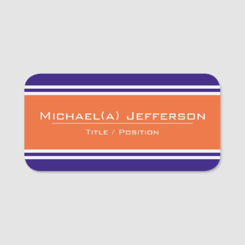 Modern Bright Orange And Deep Purple White Striped Name Tag