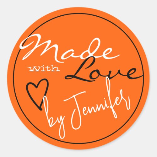 Modern Bright Orange Black Made with Love Heart Classic Round Sticker
