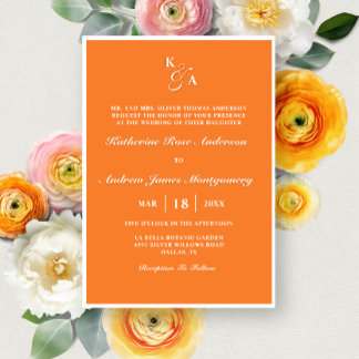 Modern Bright Orange Monogram Minimalist Wedding Invitation