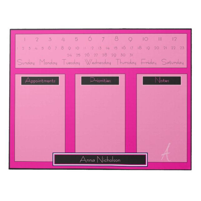 Modern Bright Pink  and Black Daily To Do Planner  Notepad (Front)
