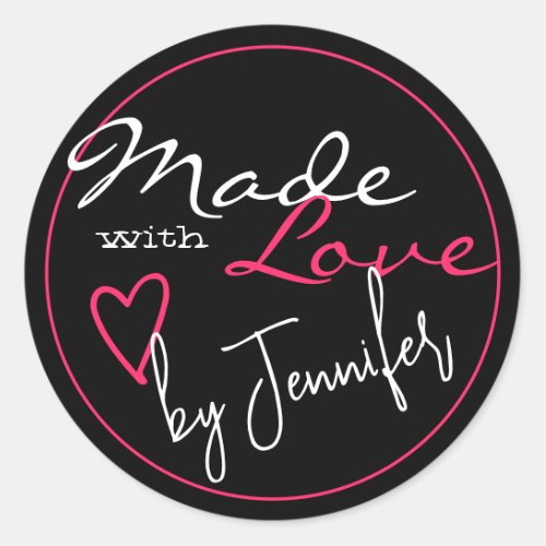 Modern Bright Pink Black Made with Love Heart Classic Round Sticker