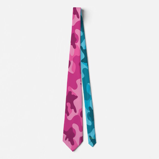 Modern Bright Pink Blue Camo, Monogram Initials Neck Tie (Front)