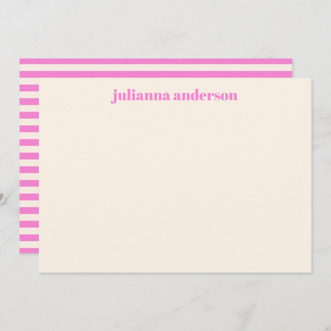 Modern Bright Pink Bold Striped Personalized Name  Note Card (Front/Back)
