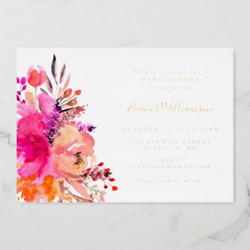 Modern Bright Pink Floral Simple Baby Shower Gold Foil Invitation