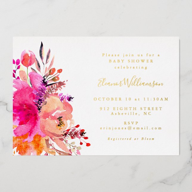 Modern Bright Pink Floral Simple Baby Shower Gold Foil Invitation (Front)