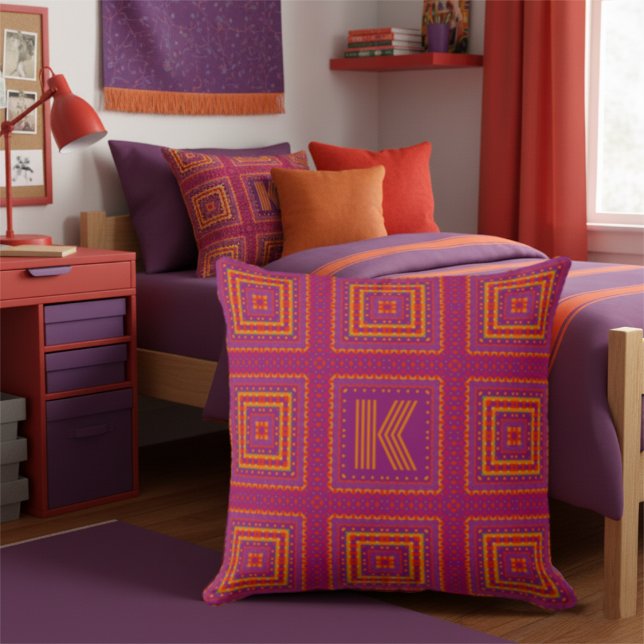 Modern Bright Pink Geometric Throw Pillow (Gorgeous modern boho pillow with customizable initial for a perfect touch to that dorm room.)