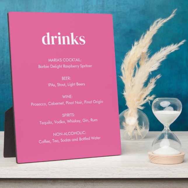 Modern Bright Pink Girly Drinks Tabletop Sign Plaque (Side)