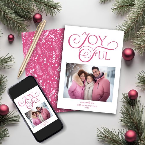 Modern Bright Pink Joyful Christmas Photo Holiday Card