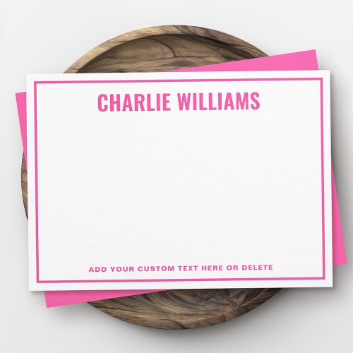 Modern bright pink name border blank note card