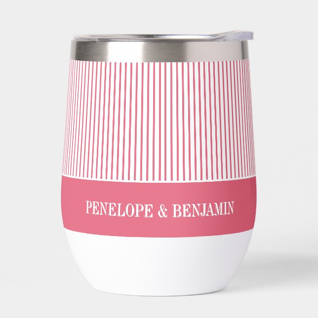Modern Bright Pink Striped Wedding Thermal Wine Tumbler (Left)