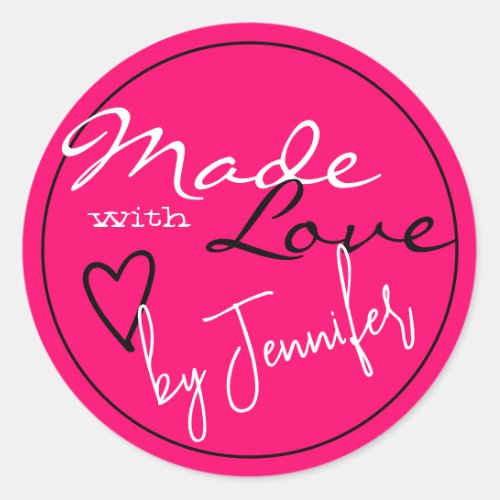 Modern Bright Pink White Made with Love Heart Classic Round Sticker
