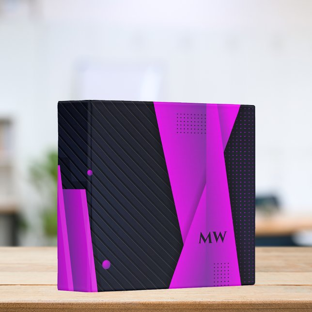 Modern Bright Purple Black Abstract Monogrammed 3 Ring Binder (Creator Uploaded)