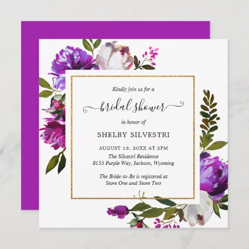 Modern Bright Purple Floral Elegant Bridal Shower Invitation