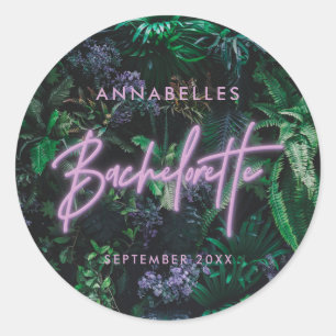 Modern bright purple girly neon bachelorette classic round sticker