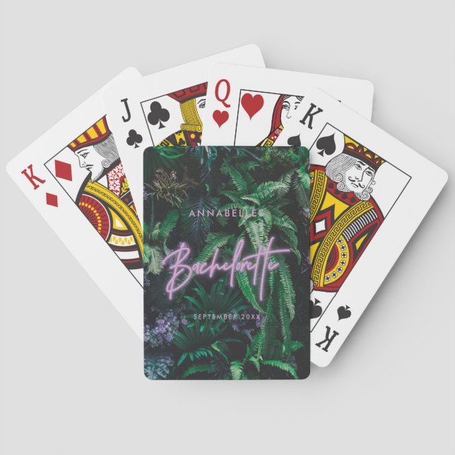 Modern bright purple girly neon bachelorette  poker cards (Back)
