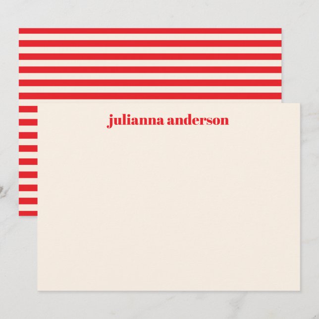 Modern Bright Red Bold Striped Personalized Name  Note Card (Front/Back)