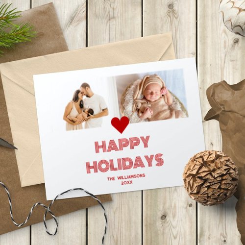 Modern Bright Red Happy Holidays 2 Photos Holiday Card