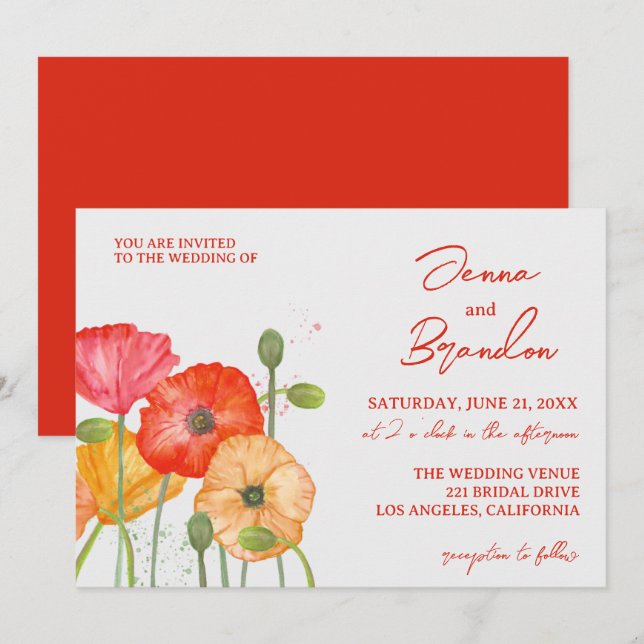 Modern Bright Red Poppy Floral Wedding Invitation (Front/Back)
