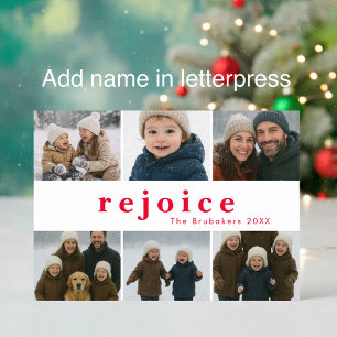 Modern Bright Red Rejoice Custom Christmas Photo Letterpress Photo Cards