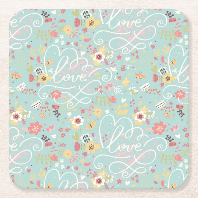 Modern Bright Romantic Pattern Square Paper Coaster (Front)