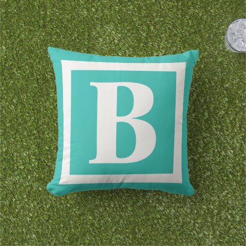 Modern Bright Turquoise White Monogram Outdoor Pillow