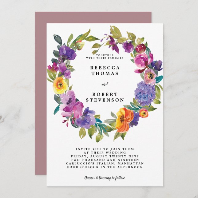 modern bright wedding invitation floral wreath (Front/Back)