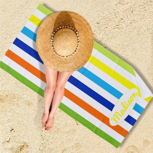 Modern Bright Yellow Green Orange Blue Stripes Beach Towel