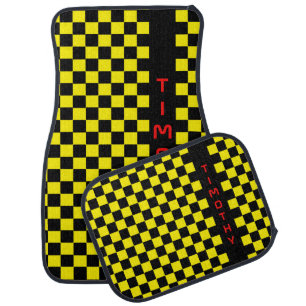 Modern Bright Yellow Racing Flag Checkerboard Name Car Floor Mat