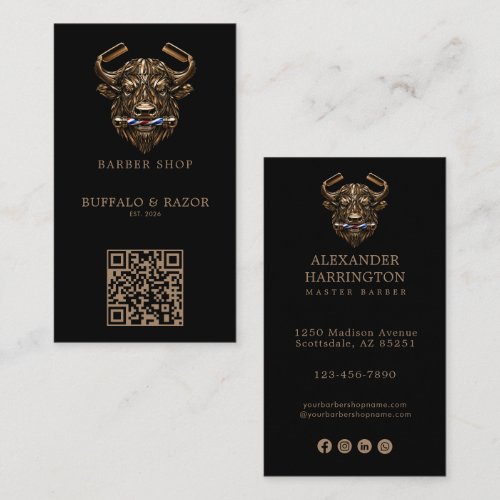 Modern Bronze Buffalo Barber Shop Logo Qr Code Business Card