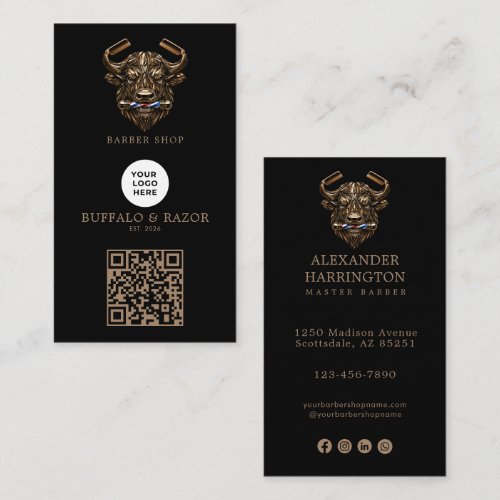 Modern Bronze Buffalo Barber Shop Logo Qr Code Business Card
