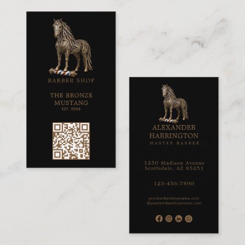 Modern Bronze Mustang Barber Shop Logo Qr Code Business Card