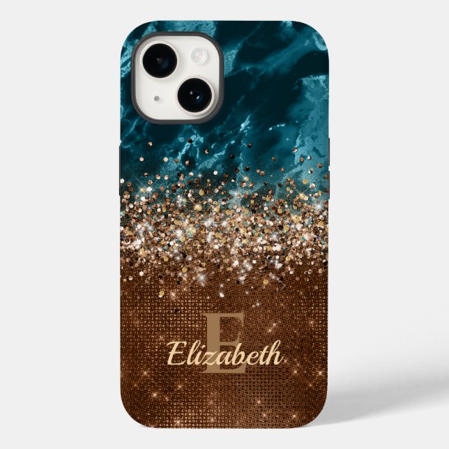 Modern Bronze Turquoise Glitter Marble monogram Case-Mate iPhone Case (Back)