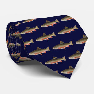 Modern Brook Trout Fish Navy Blue White Fisherman Neck Tie