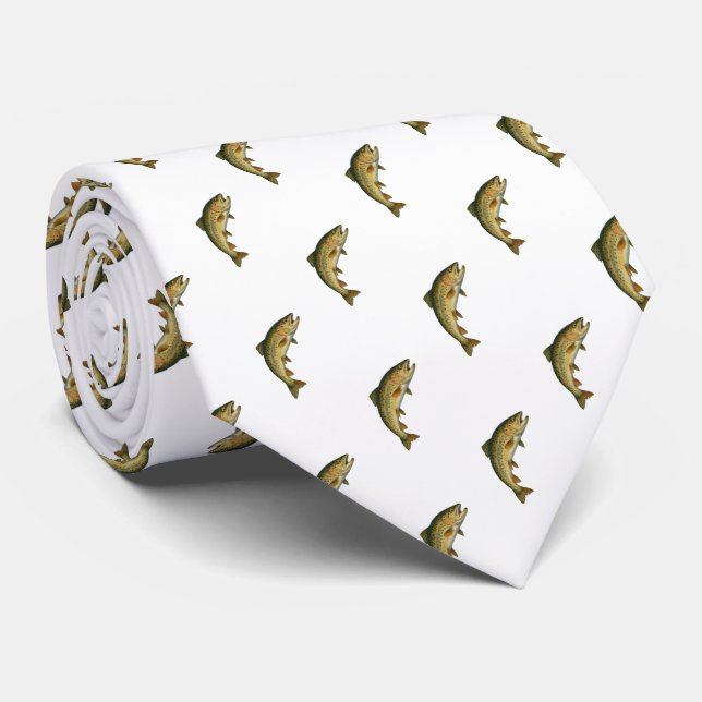 Modern Brook Trout Fish Navy Blue White Fisherman Neck Tie (Rolled)